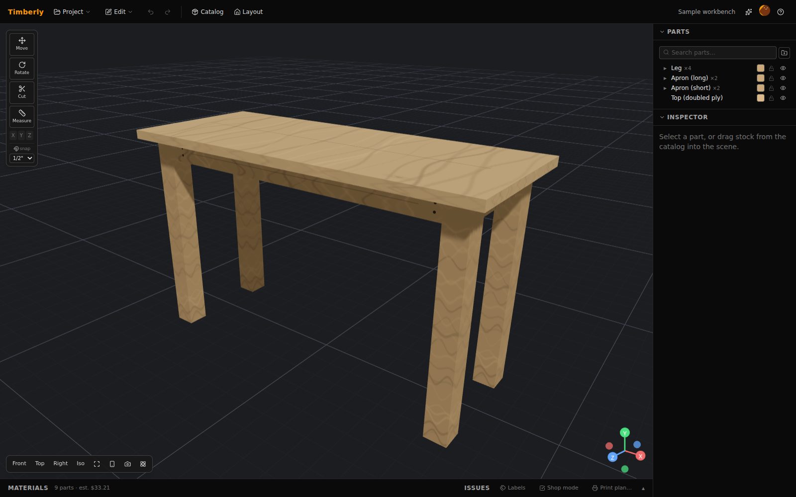 Timberly: a workbench designed in 3D, with the parts list and inspector open